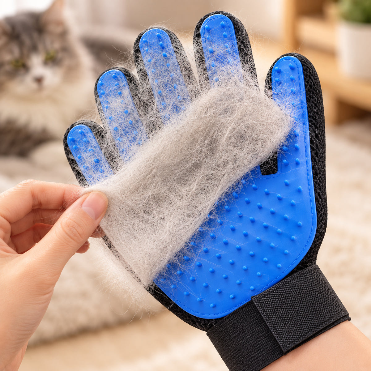 Gant de toilettage bleu retenant une touffe de poils après le passage