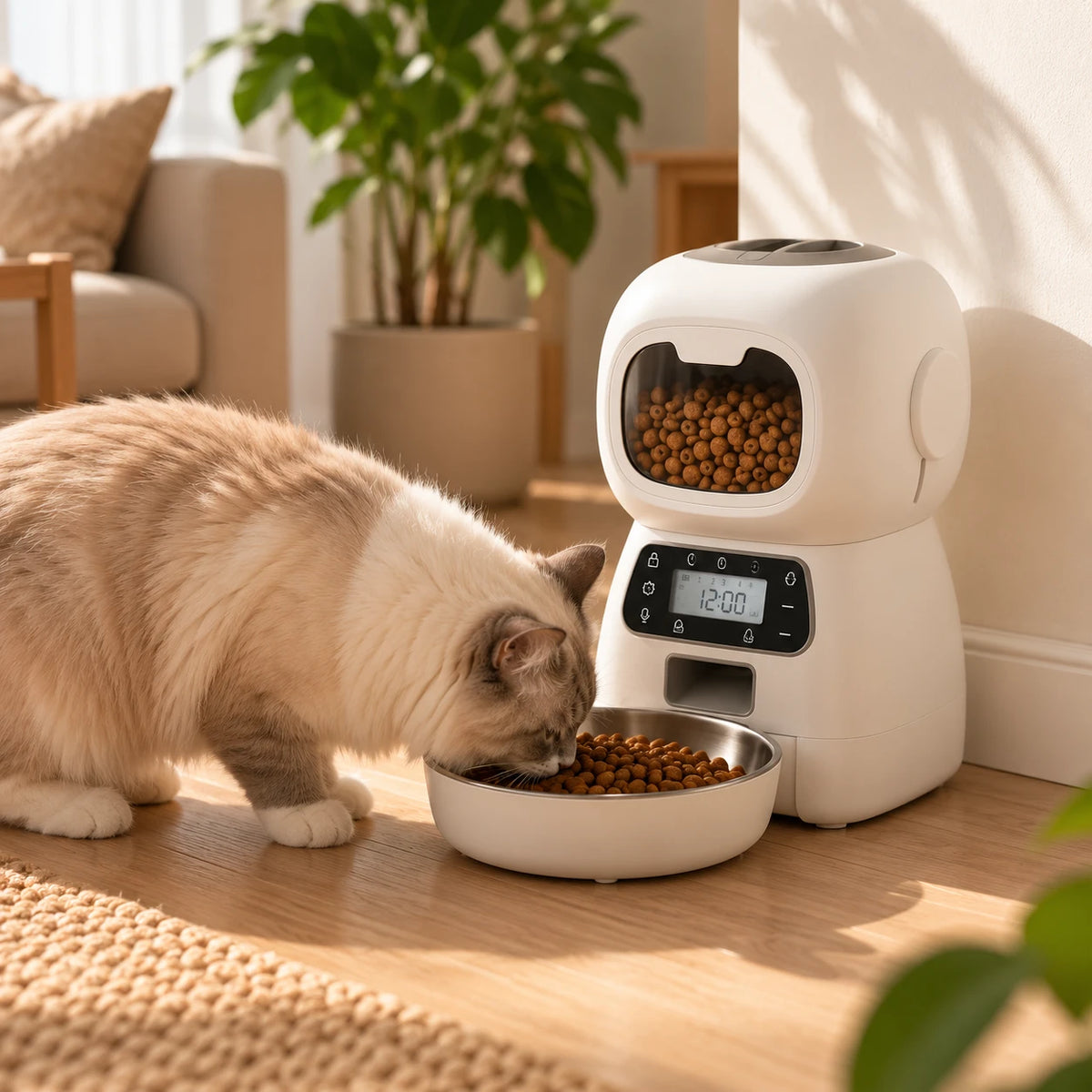 Chat ragdoll mangeant dans le bol du distributeur de croquettes posé au sol d'un salon