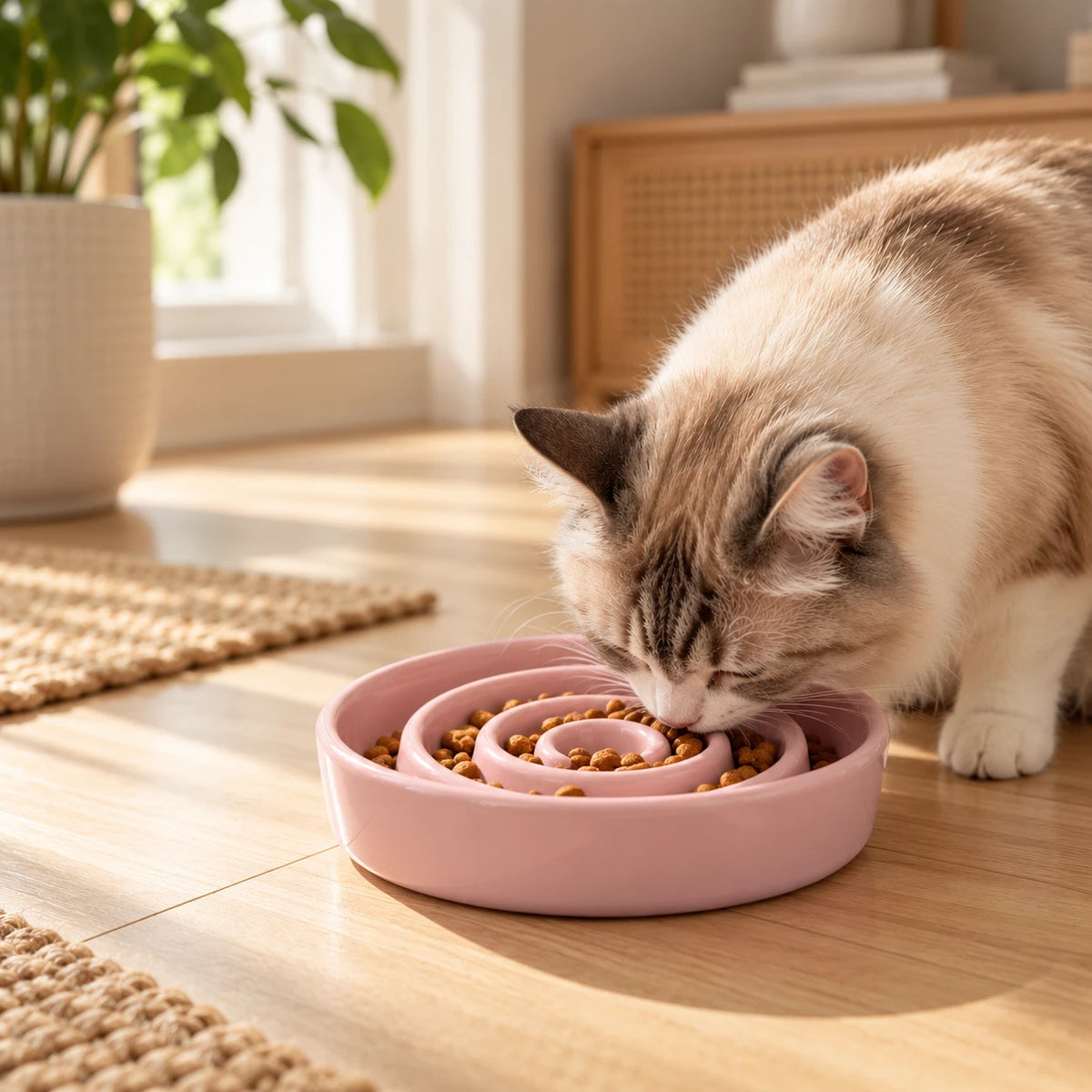 Chat qui mange dans sa gamelle anti-glouton rose, dans un salon lumineux