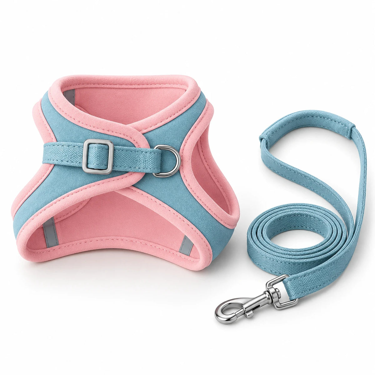 Harnais gilet pour chat bleu ciel à bordures roses, avec sa laisse assortie bleue