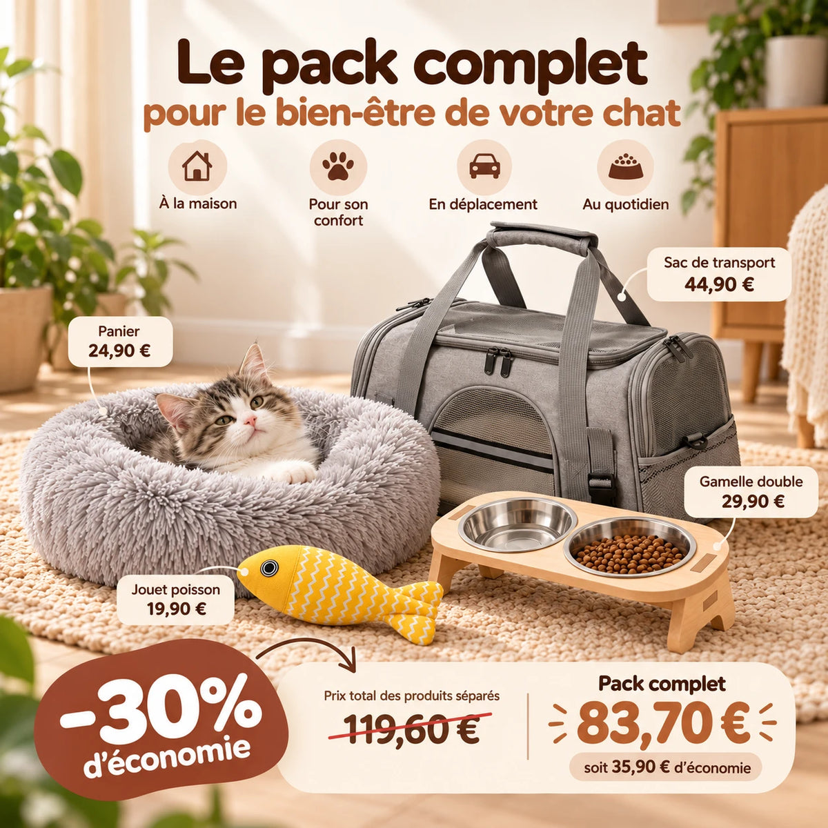 Détail des prix du pack : panier 24,90 €, sac 44,90 €, gamelle 29,90 €, jouet 19,90 €, soit 119,60 € contre 83,70 € en pack