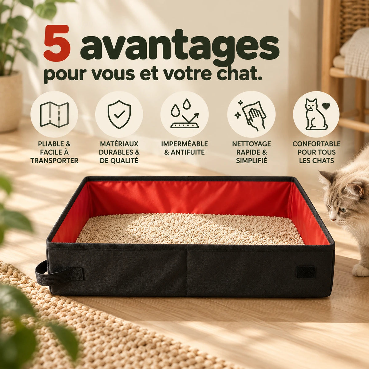 Litière de voyage pliable posée au sol et remplie de litière, un chat s’en approchant