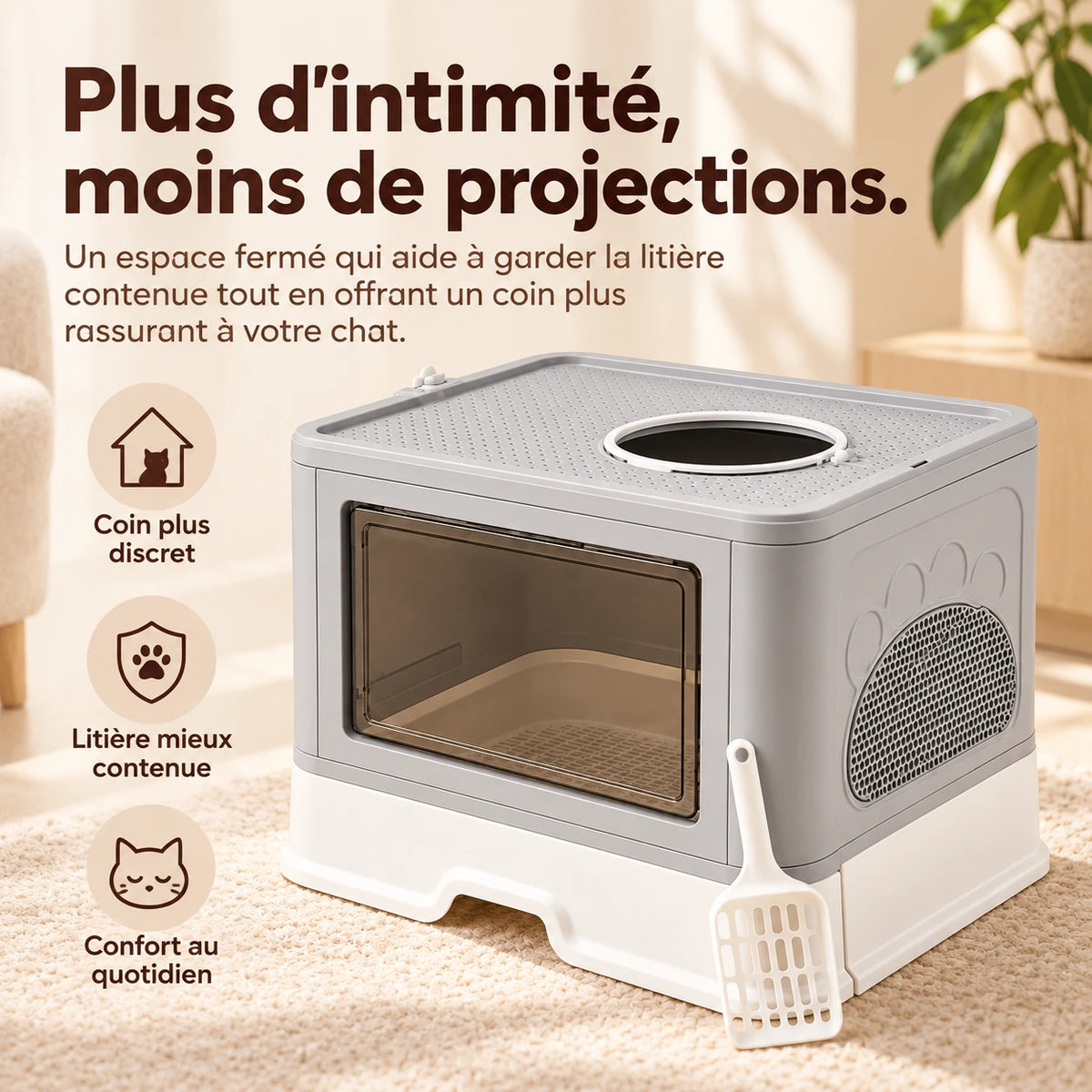 Maison de toilette fermée posée sur un tapis, trappe ronde sur le dessus et grille d’aération en forme de patte