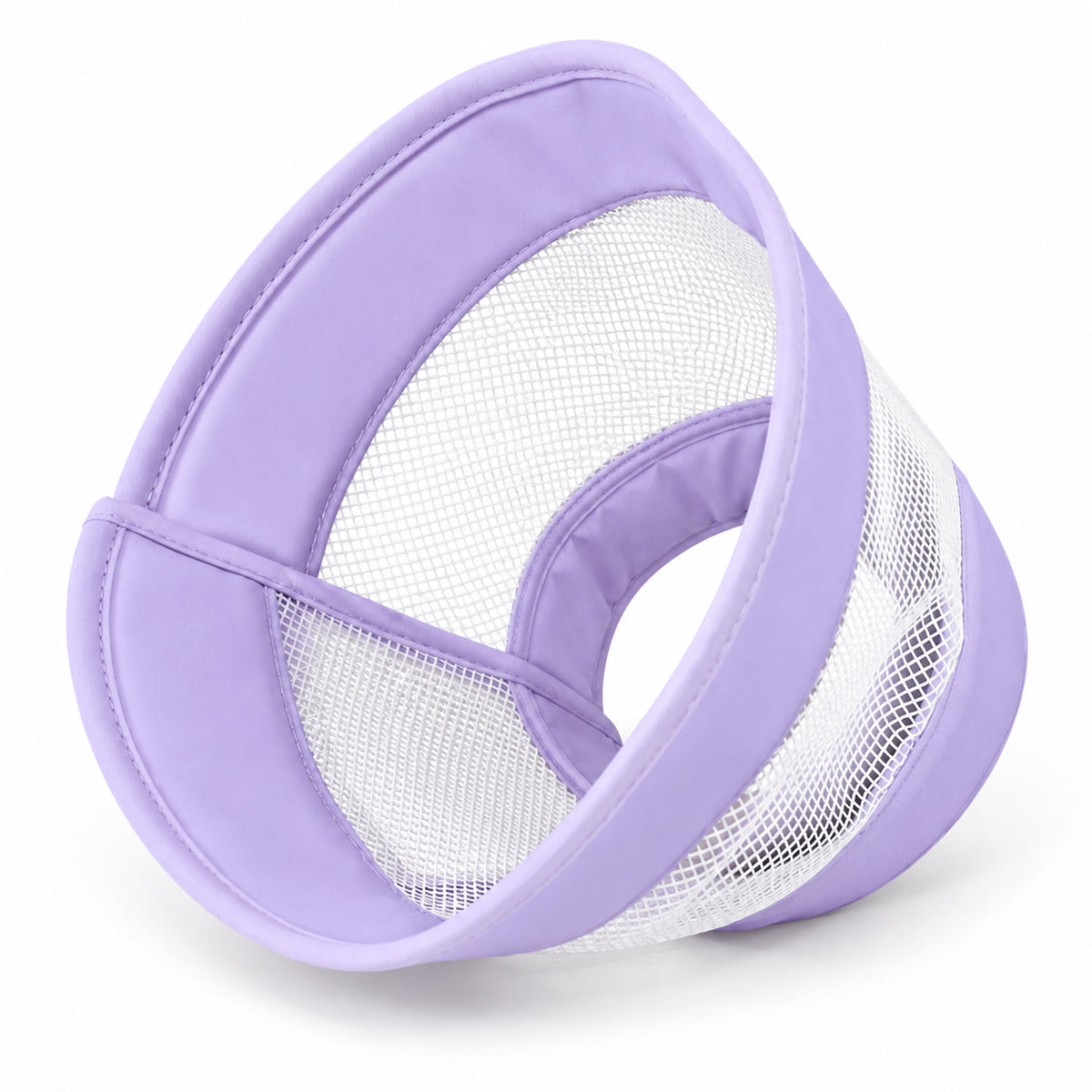 Collerette respirante violette vue seule, bordures en tissu et maille blanche ajourée