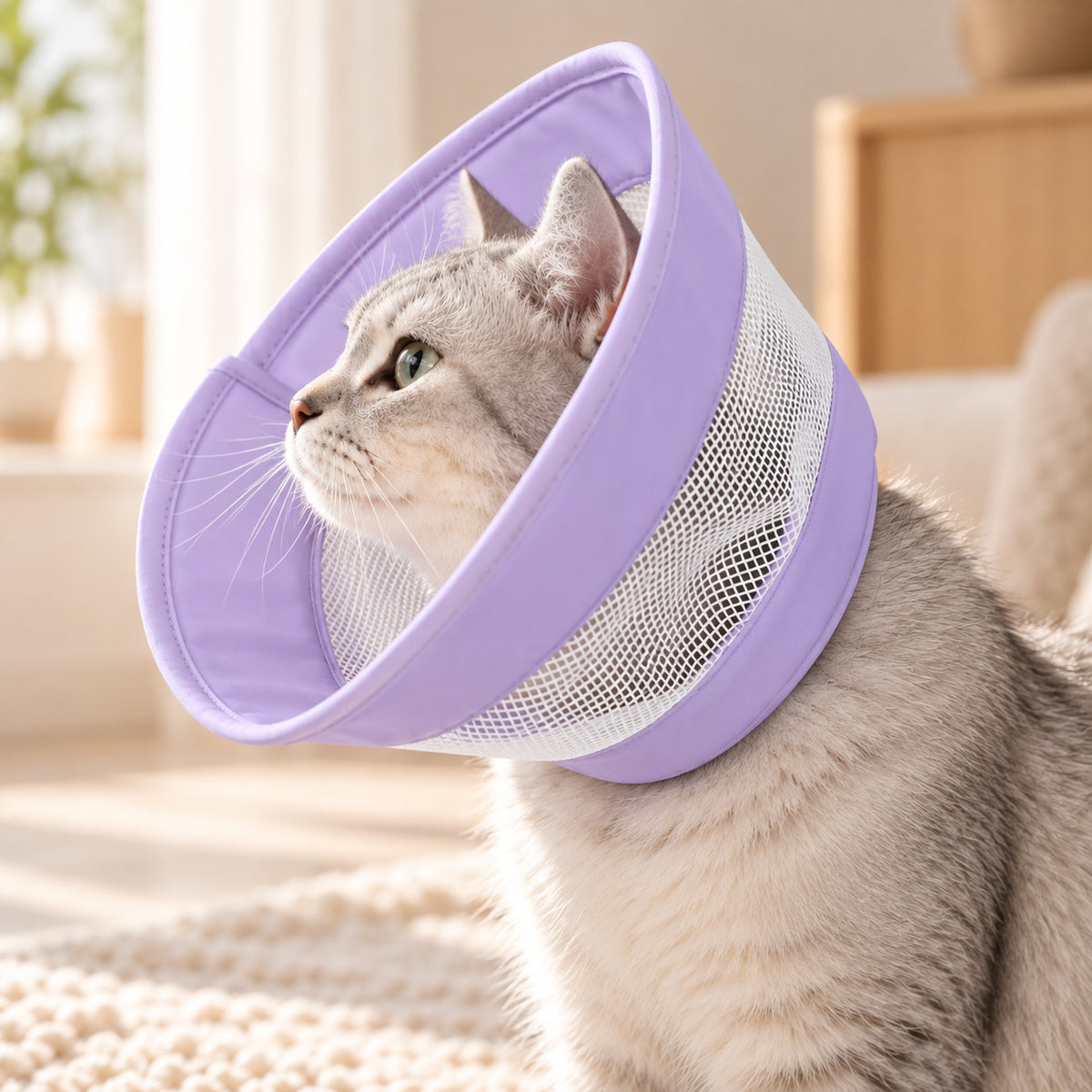 Chat assis dans un salon clair, portant la collerette respirante violette