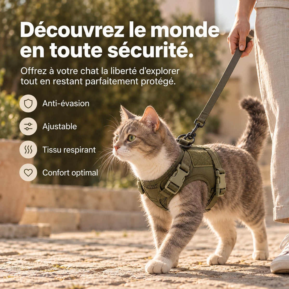 Chat gris tigré en balade au bout d'une laisse, portant le harnais tactique vert kaki sur un chemin pavé