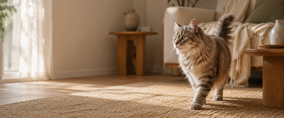 Un chat boit à une fontaine à eau MiaouLab dans un salon lumineux