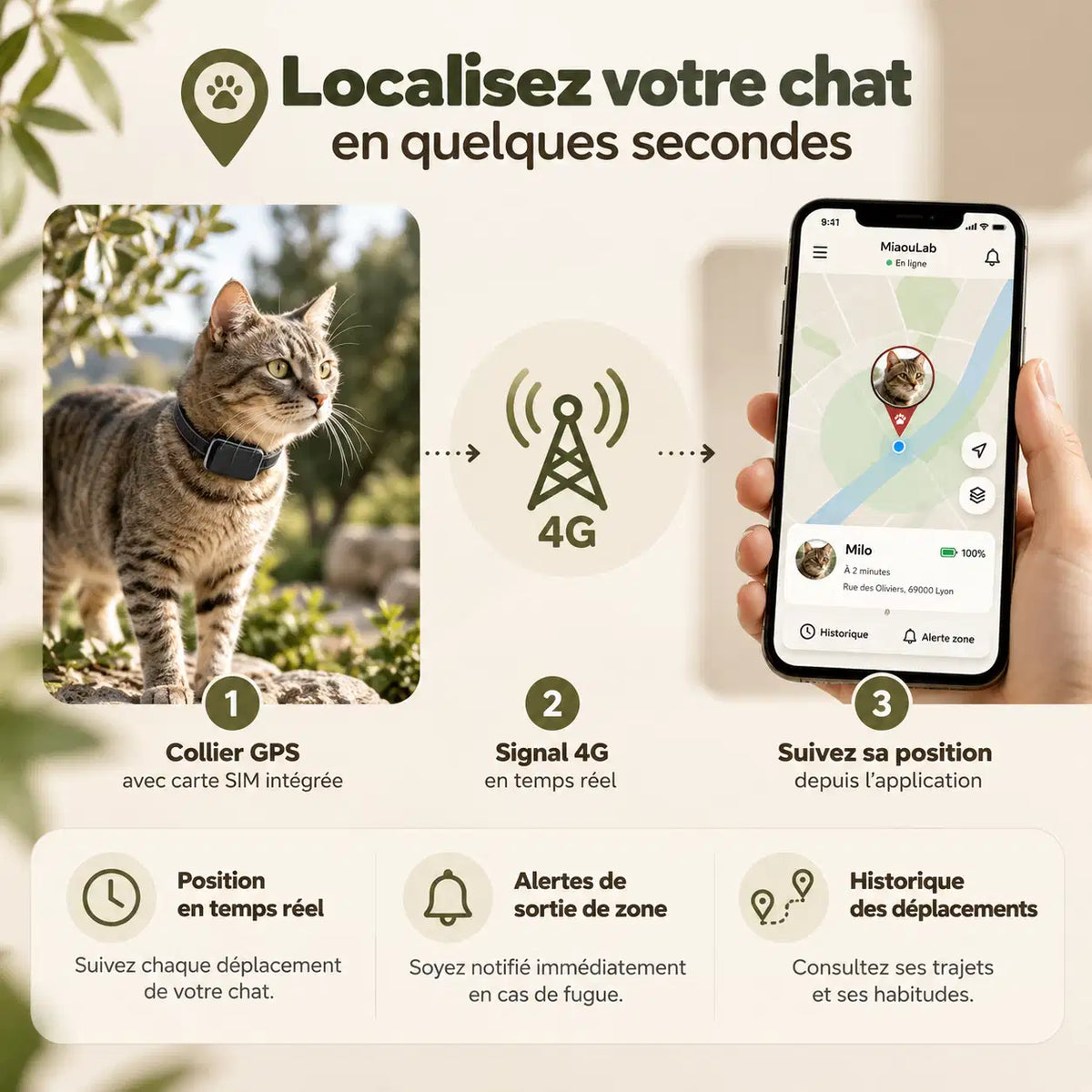 Collier GPS 4G pour Chat, Étanche IP68