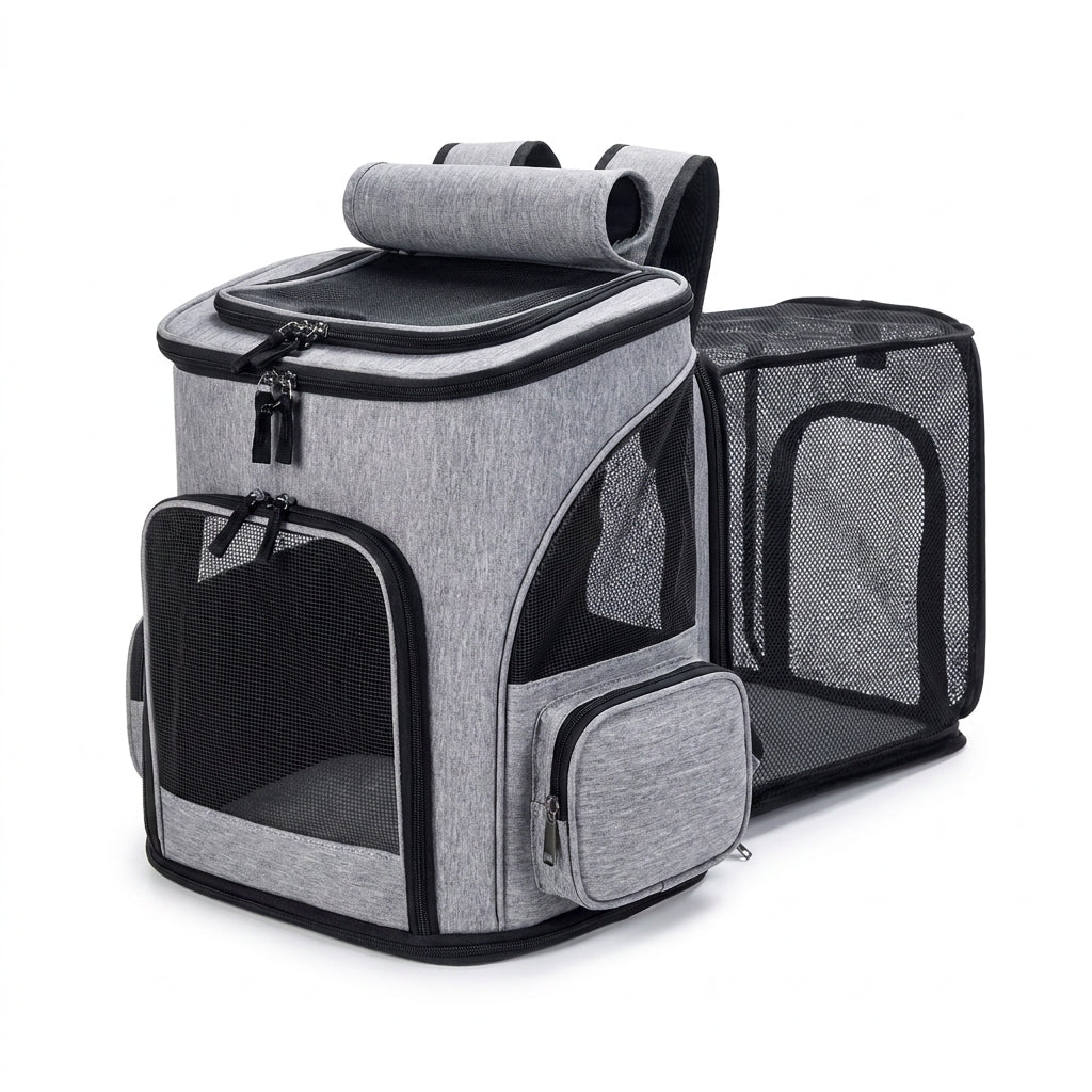 Sac à dos extensible MiaouLab pour chat, gris, vu de trois quarts