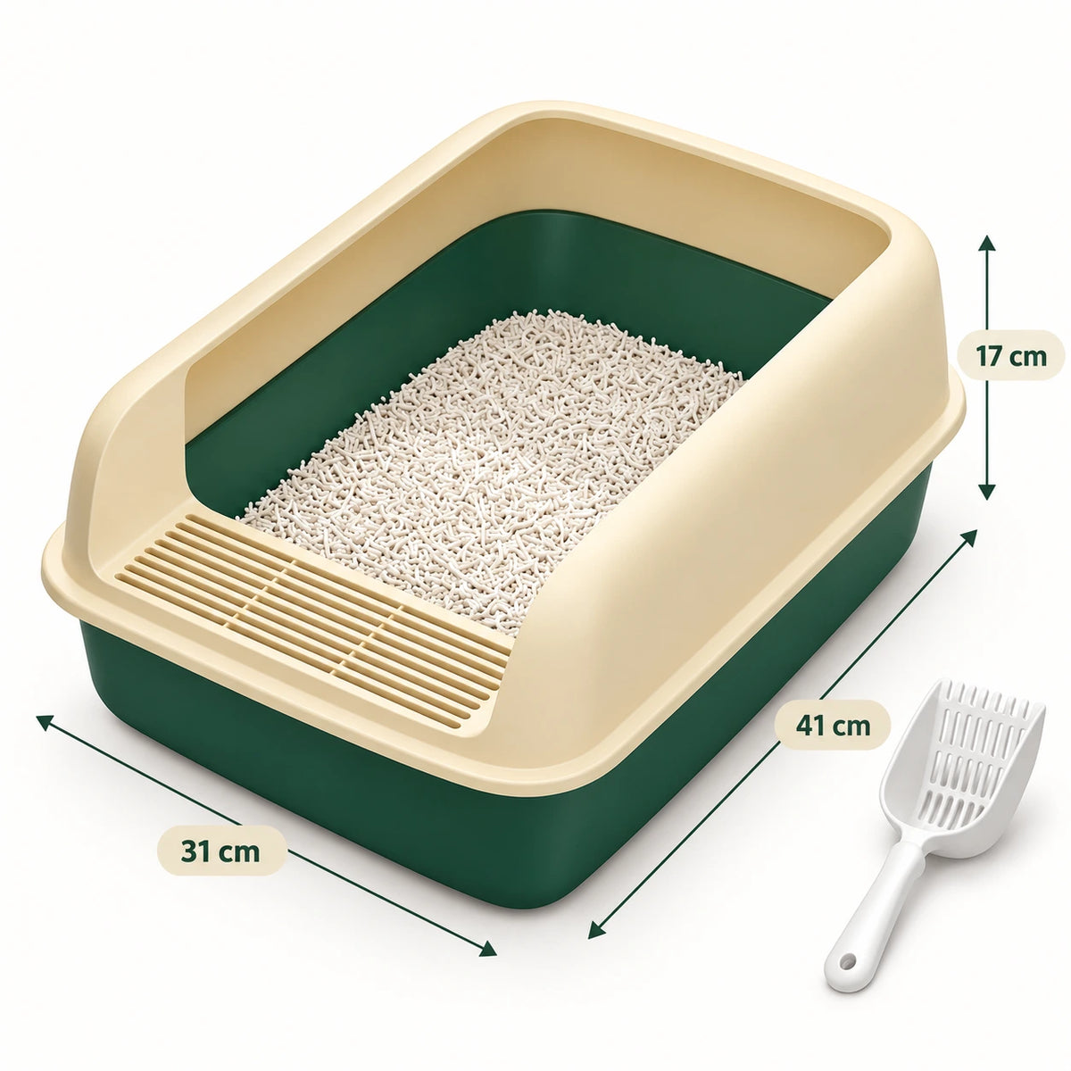 Dimensions du bac à litière : 41 cm de long, 31 cm de large et 17 cm de haut