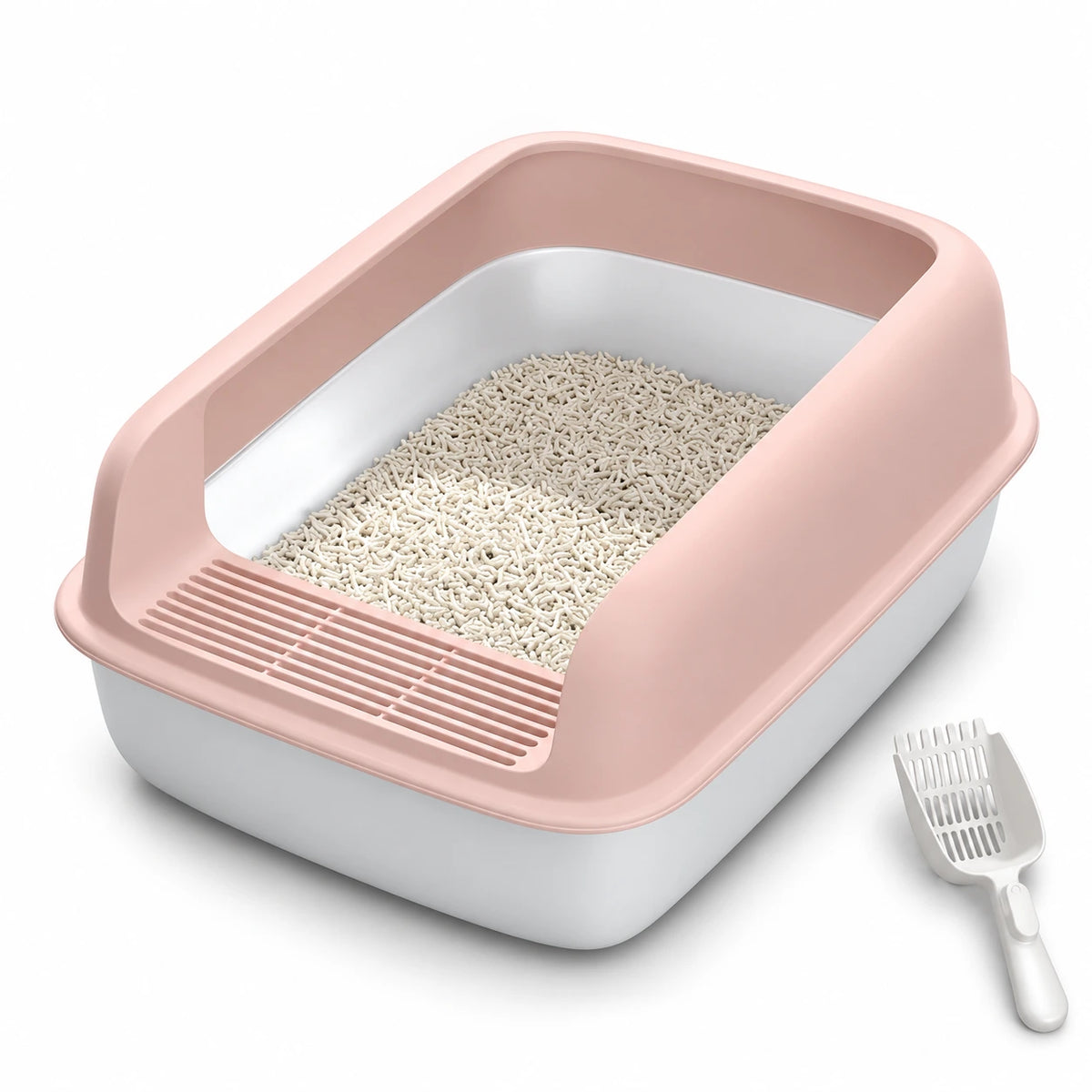 Bac à litière à rebord rose avec grille amovible à l’entrée et pelle incluse