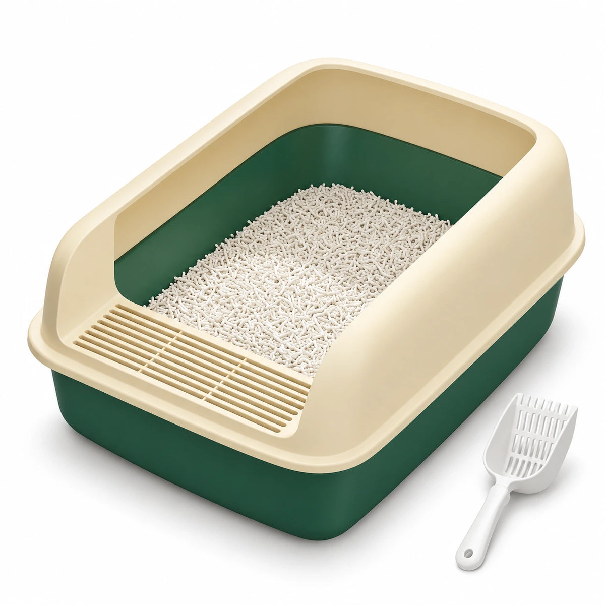 Bac à litière vert à rebord crème avec grille amovible à l’entrée et pelle incluse