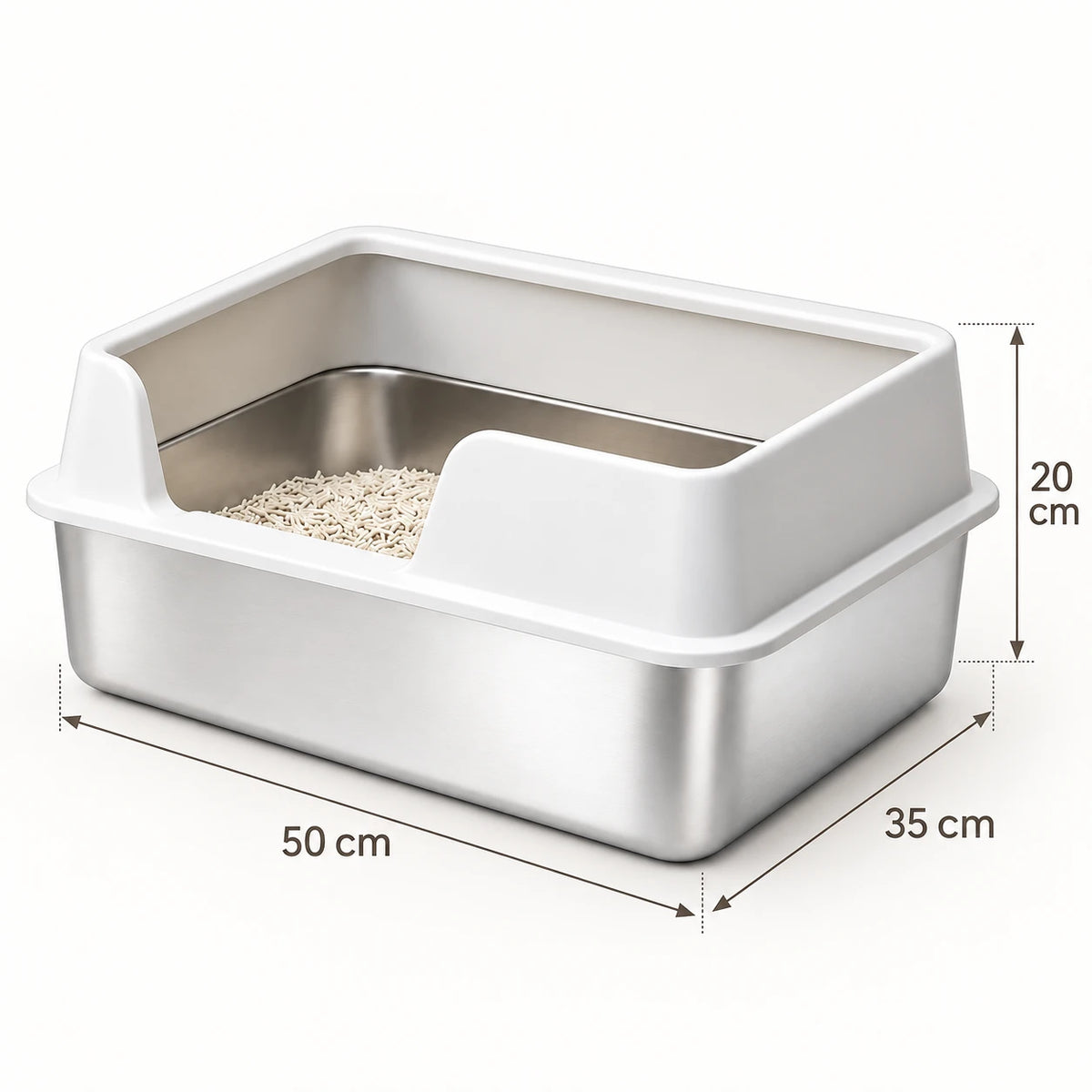 Dimensions du bac à litière en inox : 50 cm de long, 35 cm de large et 20 cm de haut