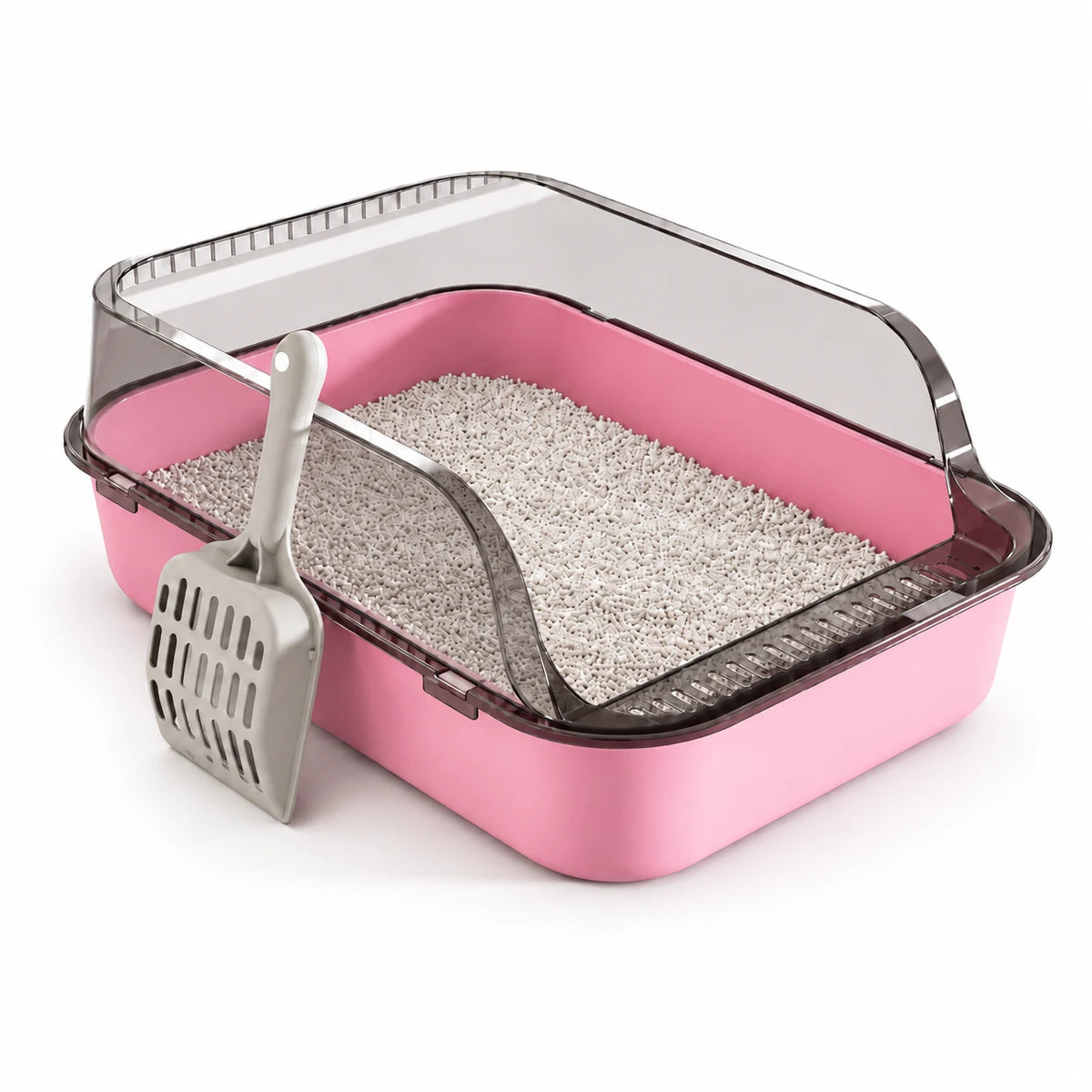 Bac à litière rose pour chat avec rebord haut transparent et pelle incluse