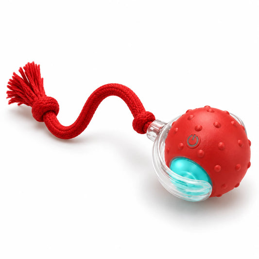 Balle interactive rouge pour chat, surface à picots et corde à pompon