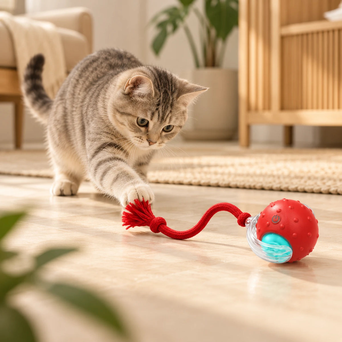 Chat tigré attrapant la corde de la balle interactive rouge sur le sol d’un salon