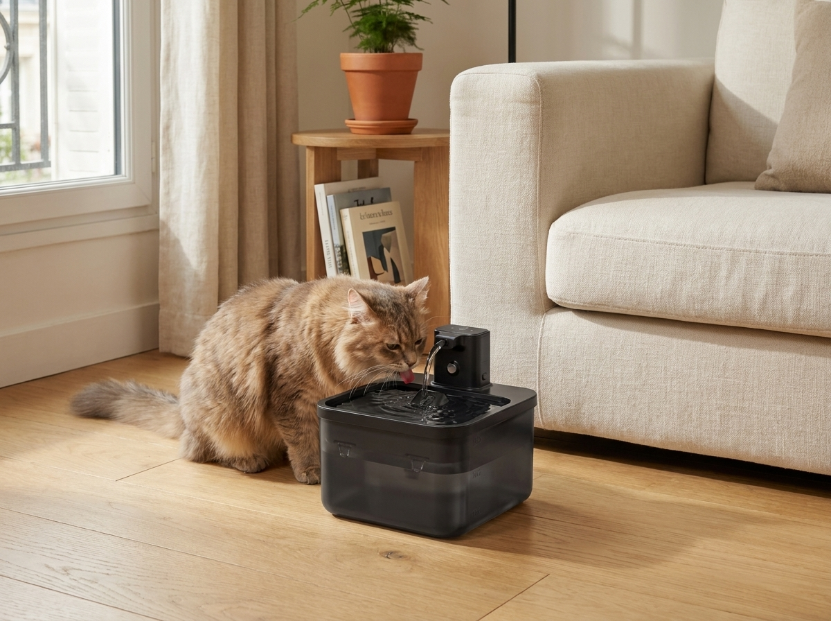 Un chat boit à une fontaine à eau posée au sol