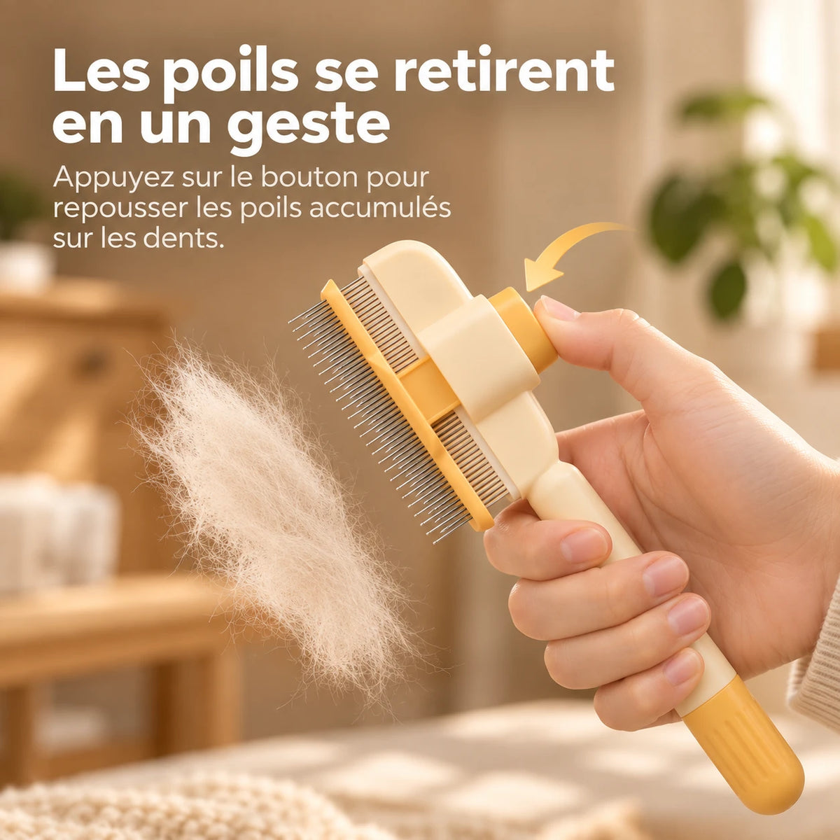 Pouce appuyant sur le bouton : les poils accumulés sont repoussés vers le bout des dents