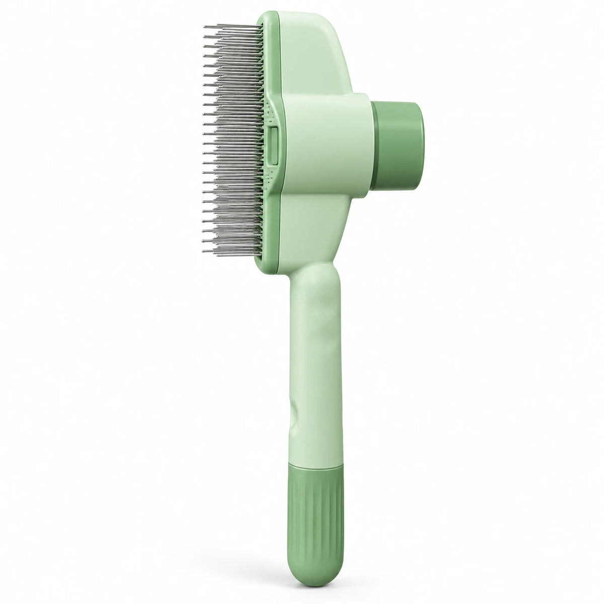 Brosse autonettoyante pour chat vert pastel, dents métalliques fines et bouton cylindrique derrière la tête