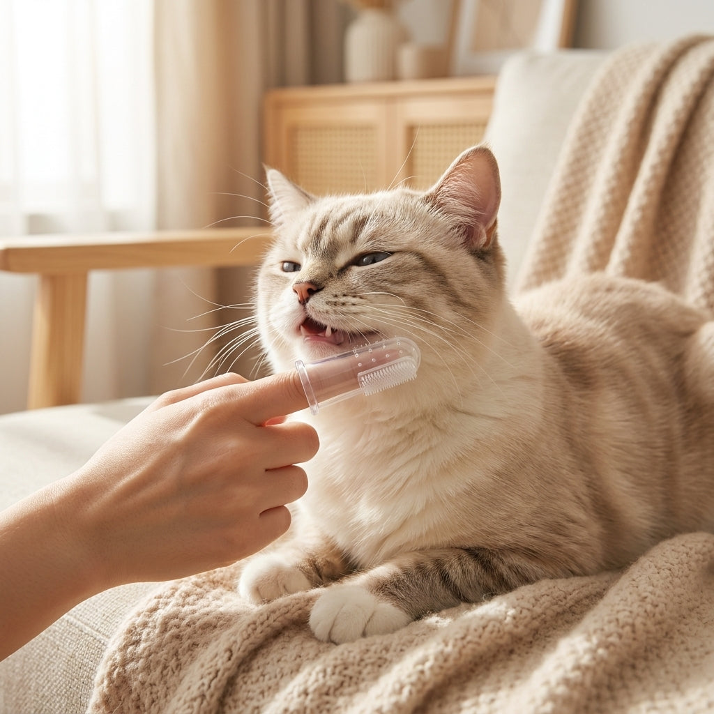 Brossage des dents d'un chat tigré avec le doigtier en silicone MiaouLab