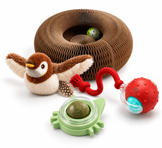 Les quatre jouets du coffret : griffoir donut en carton, oiseau en peluche à plumes, balle interactive rouge à corde et boule d'herbe à chat sur support vert