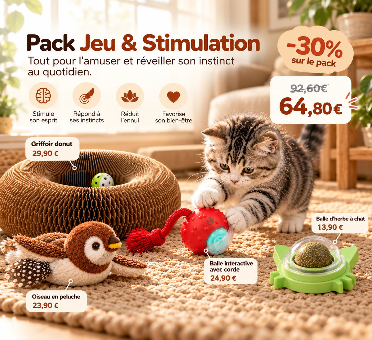 Détail des prix du coffret : griffoir donut 29,90 €, oiseau 23,90 €, balle interactive 24,90 €, boule d'herbe à chat 13,90 €, soit 92,60 € contre 64,80 € en pack