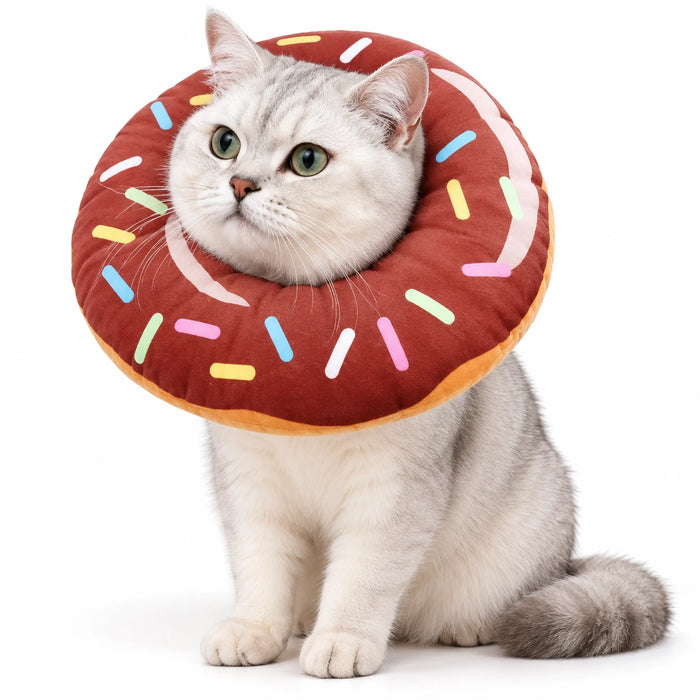 Chat gris clair portant une collerette donut au glaçage rouge et vermicelles colorés