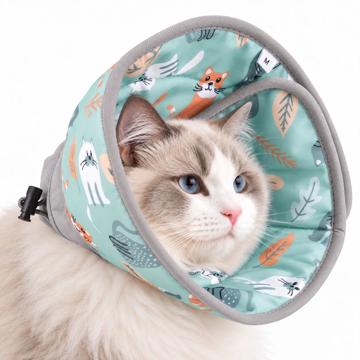 Collerette en tissu vert d’eau à motifs de chats et de feuilles, portée par un chat, cordon visible au col