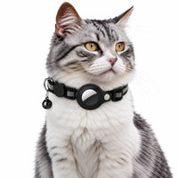 Collier AirTag pour chat en noir, bande réfléchissante, clochette et support rond