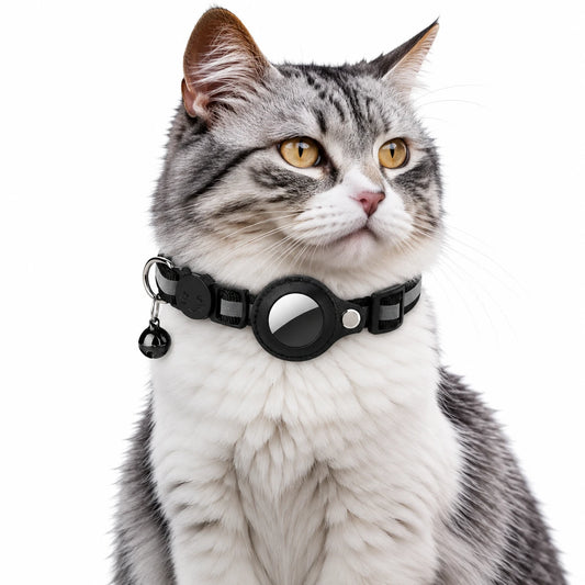 Collier AirTag pour chat en noir, bande réfléchissante, clochette et support rond