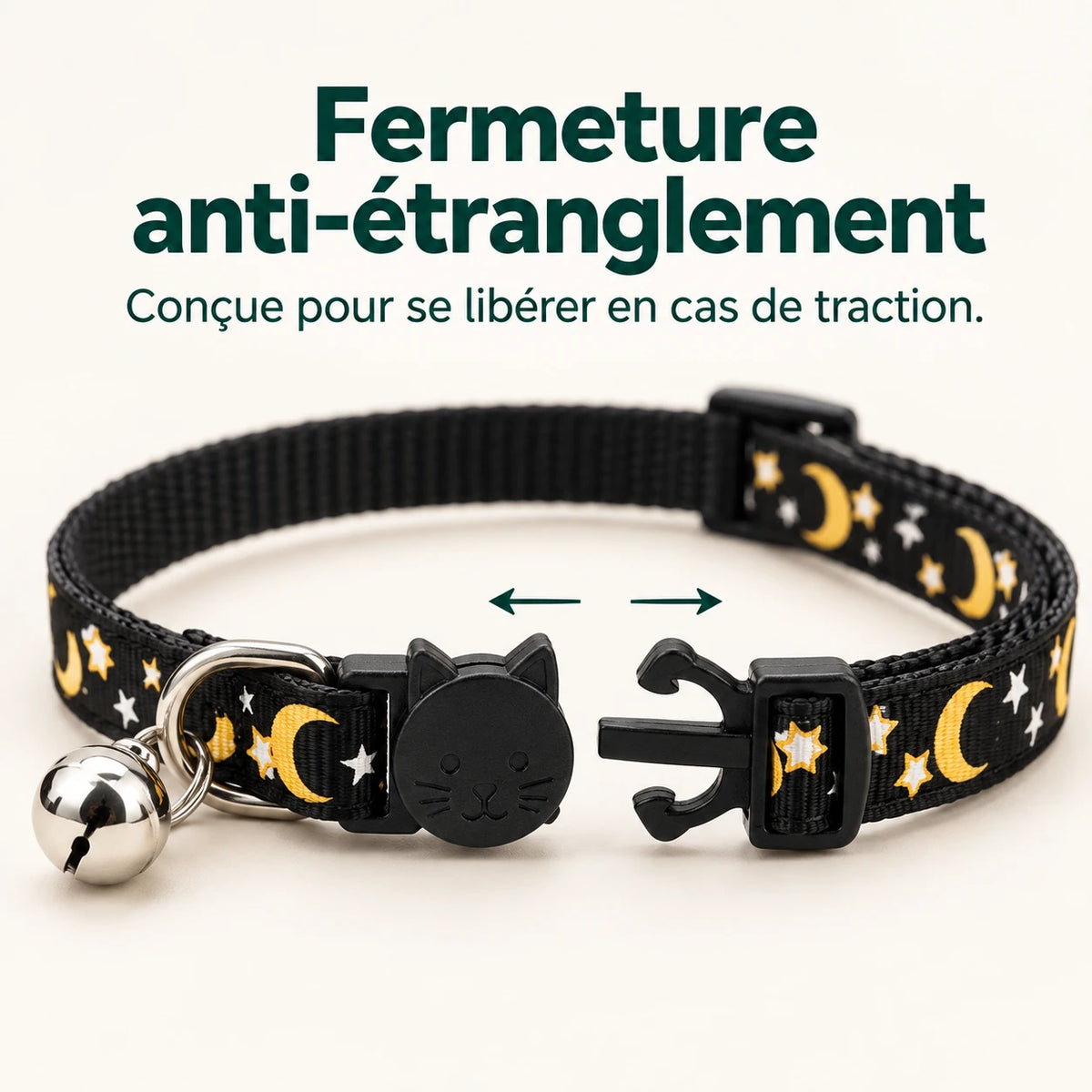 Boucle anti-étranglement du collier noir, ouverte pour montrer sa libération en cas de traction