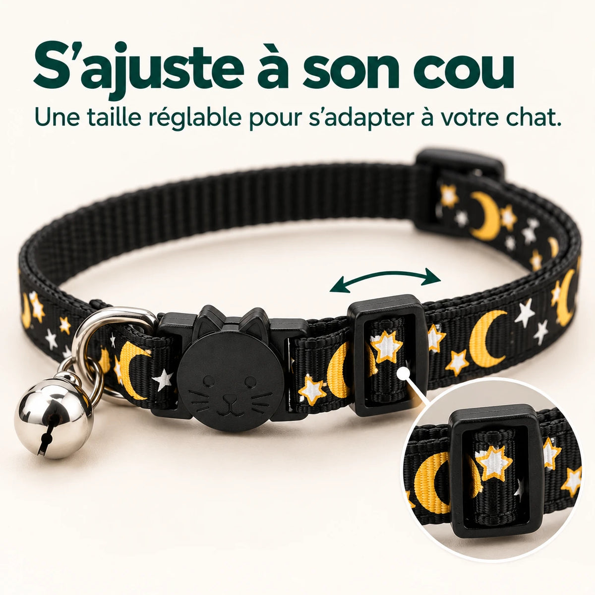 Boucle coulissante du collier noir, qui permet d’ajuster la longueur au cou du chat