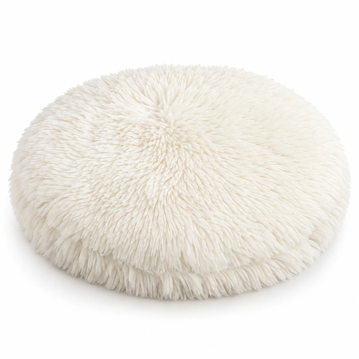 Coussin rond à poils longs pour chat, écru, plat et sans rebord