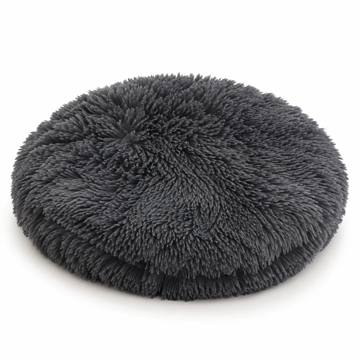 Coussin rond à poils longs pour chat, gris foncé, plat et sans rebord