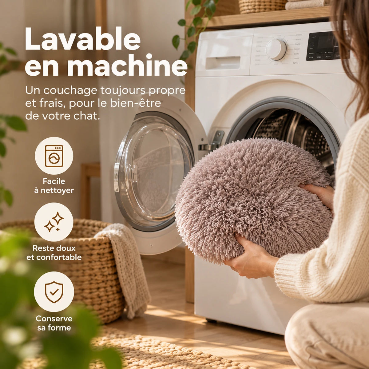 Le coussin rond pour chat glissé dans le tambour d'un lave-linge