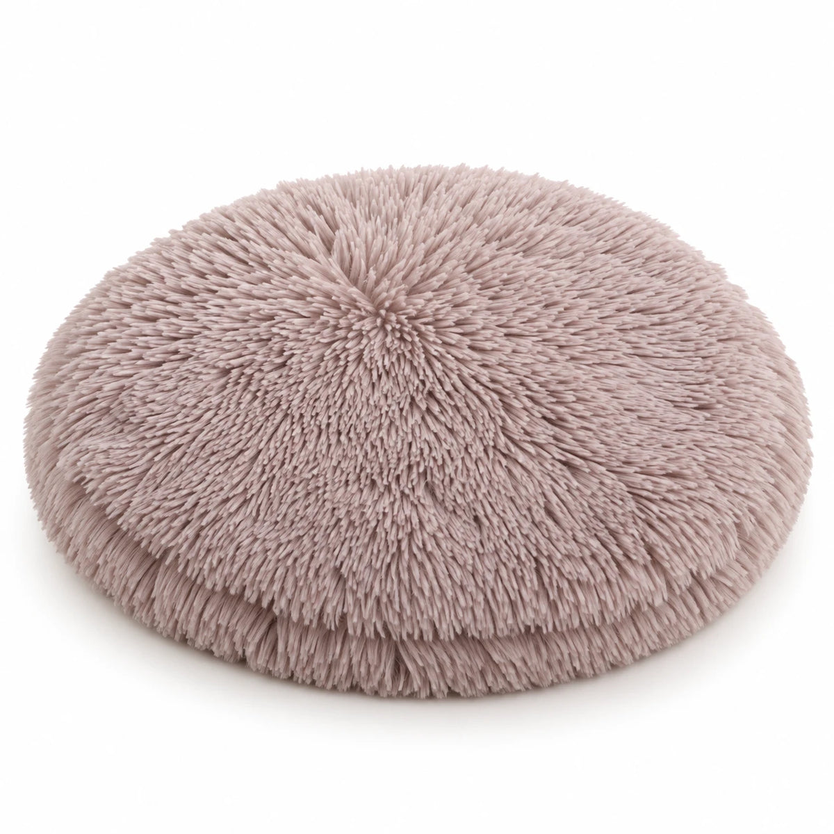 Coussin rond à poils longs pour chat, rose poudré, plat et sans rebord
