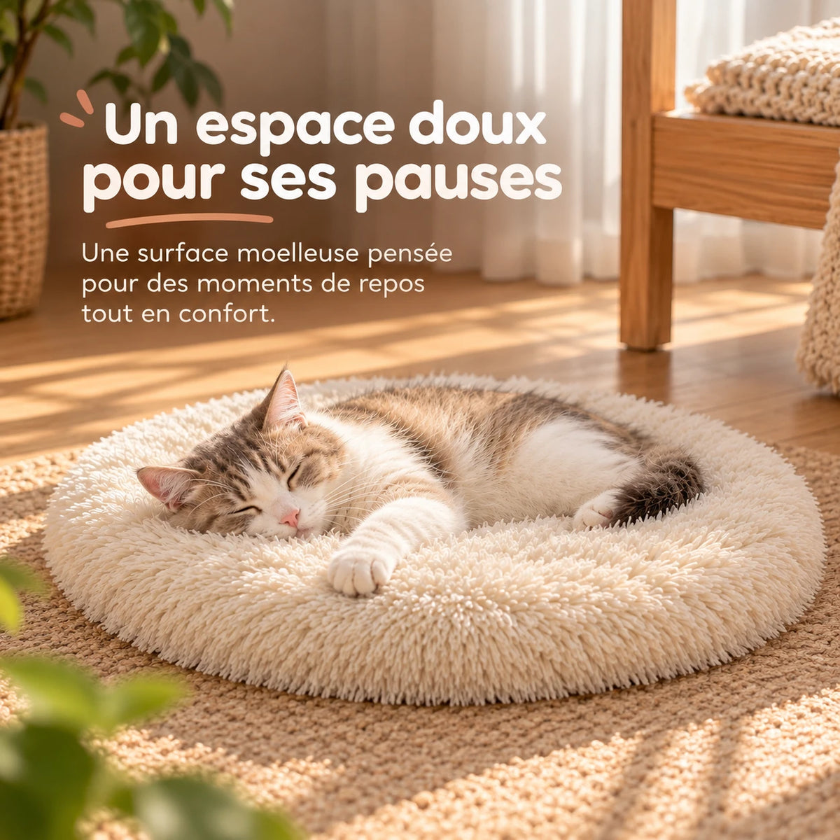 Chat endormi sur le coussin rond écru posé sur un tapis, près d'un banc en bois