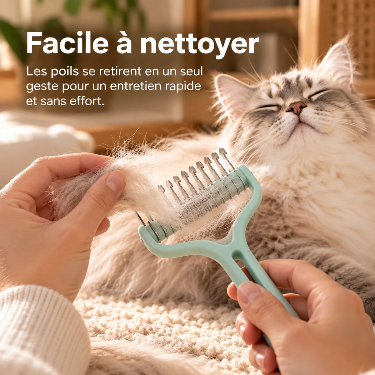 Poils accumulés autour du corps cranté du peigne, retirés en une nappe