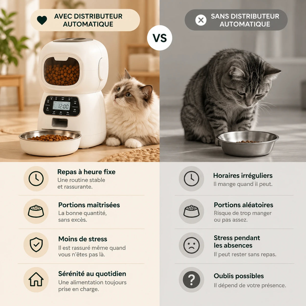 Infographie comparative : repas à heure fixe avec distributeur programmable, horaires irréguliers sans distributeur