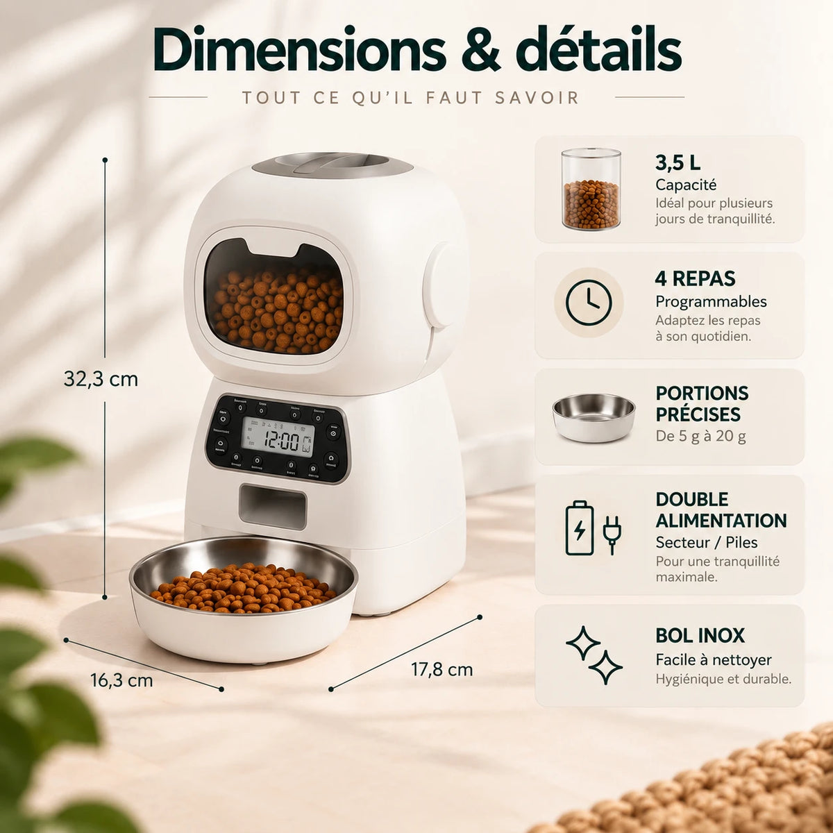 Infographie : dimensions du distributeur, 17,8 × 16,3 × 32,3 cm, capacité 3,5 L, 4 repas programmables et portions de 5 à 20 g