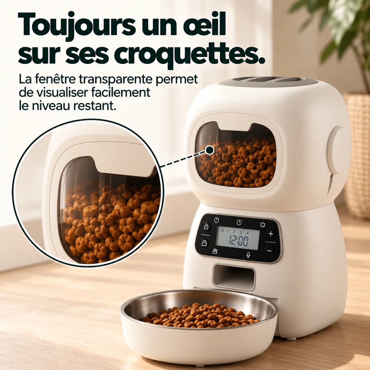 Infographie : gros plan sur la fenêtre transparente du réservoir, qui laisse voir le niveau de croquettes