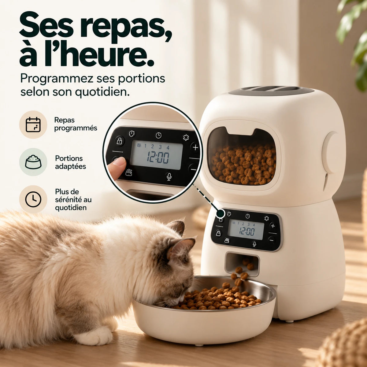 Infographie : gros plan sur l'écran du distributeur réglé sur 12:00, avec les quatre repas de la journée