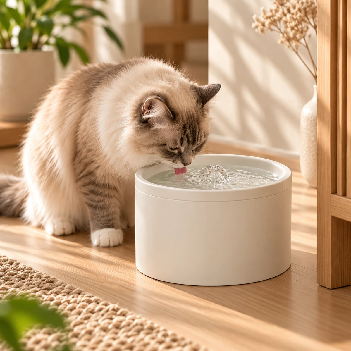 Chat ragdoll buvant au dôme d’eau de la fontaine en céramique blanche posée au sol