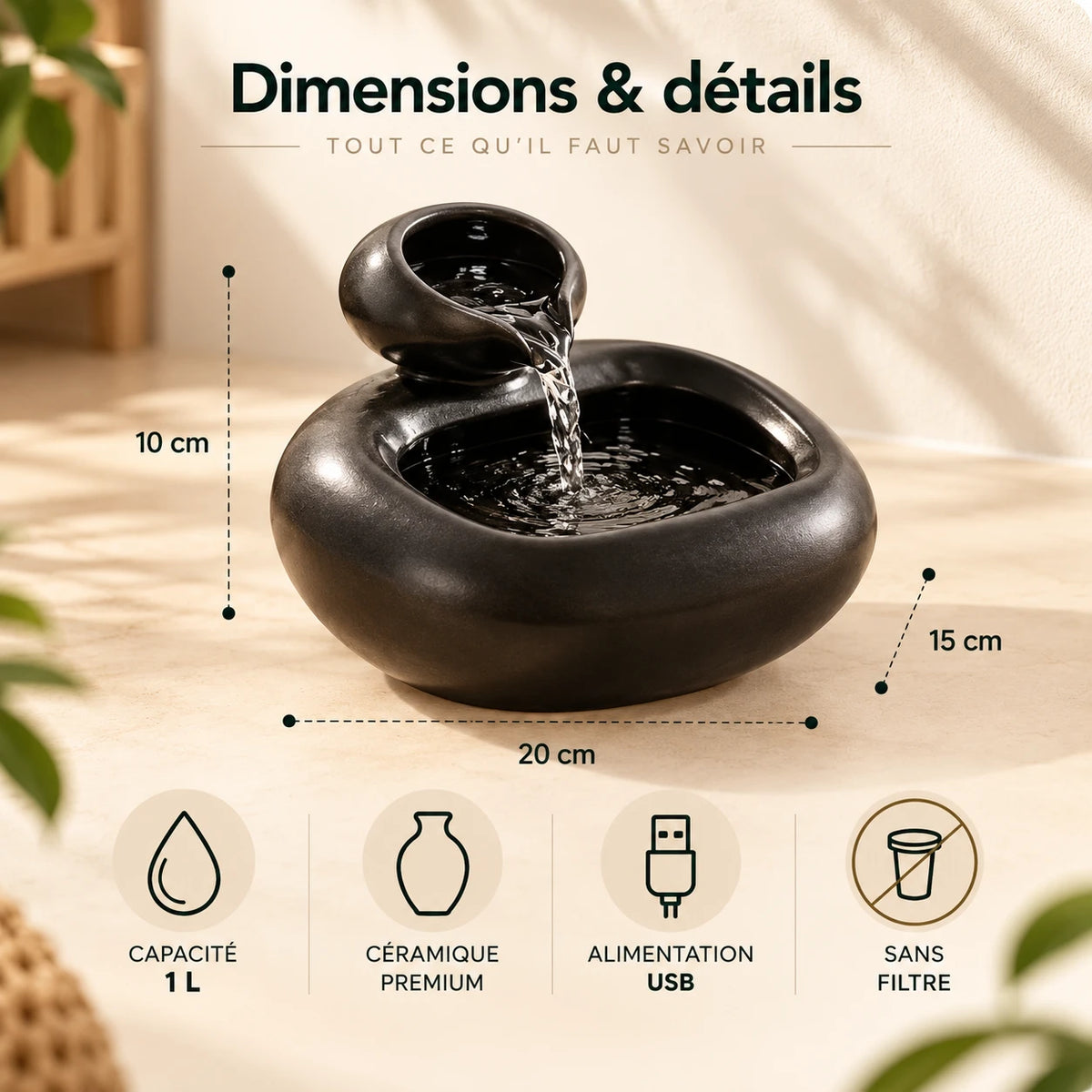 Infographie : dimensions de la fontaine, 20 cm de large, 15 cm de profondeur et 10 cm de haut, capacité 1 L