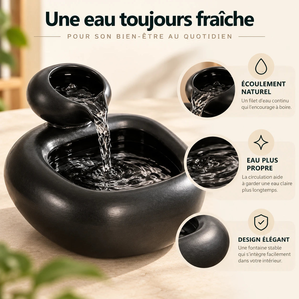 Infographie : l’écoulement en cascade du bol supérieur vers le bassin de la fontaine