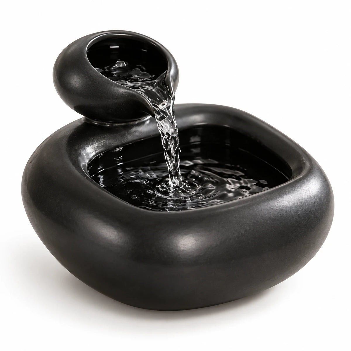 Fontaine à eau pour chat en céramique noire, bol supérieur et bassin arrondi