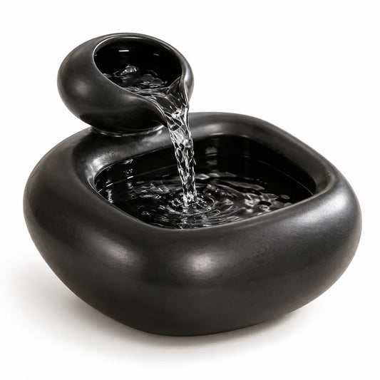Fontaine à eau pour chat en céramique noire, bol supérieur et bassin arrondi