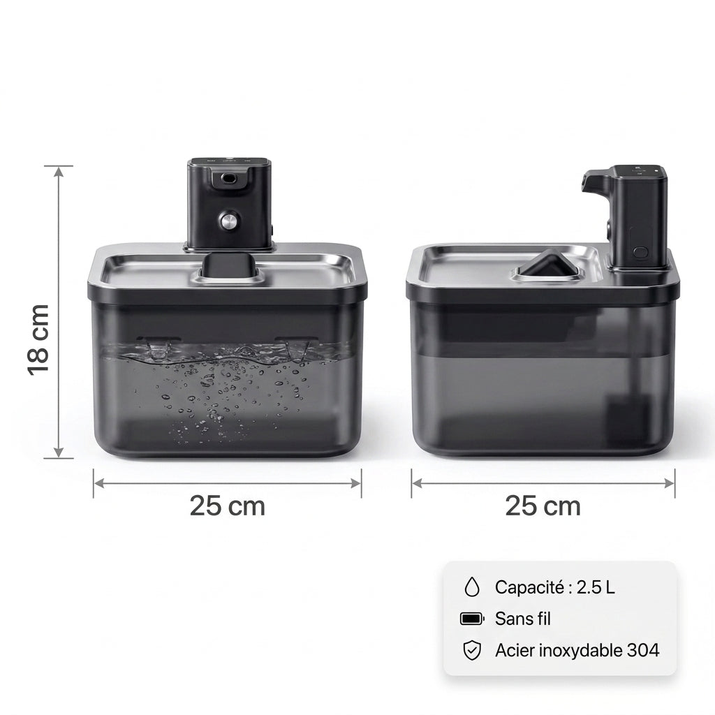Dimensions de la fontaine MiaouLab : 25 cm de largeur, 25 cm de profondeur, 18 cm de hauteur