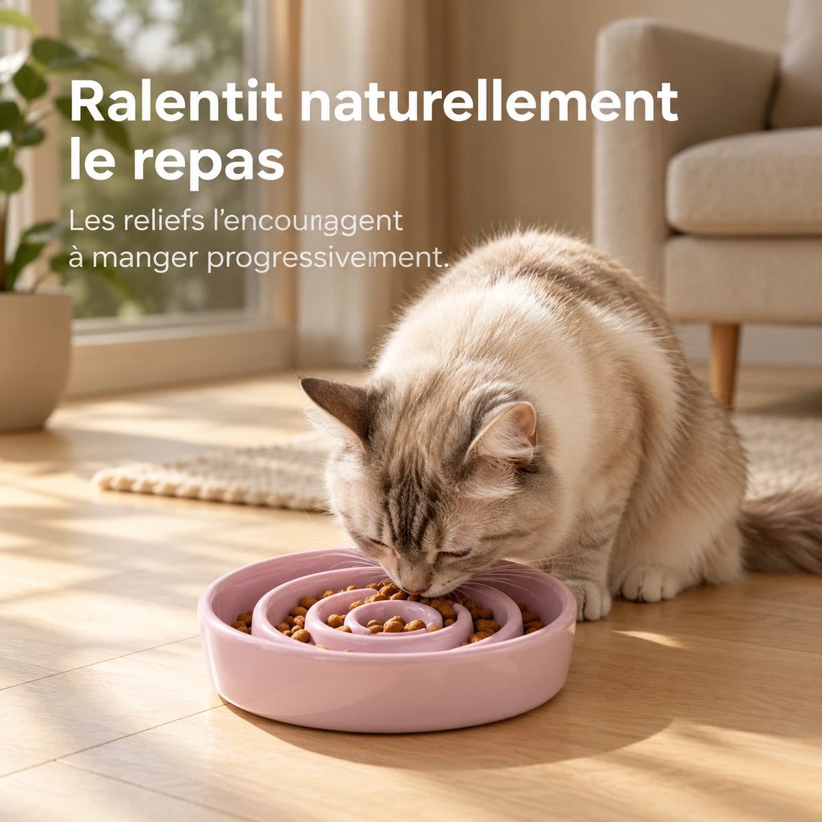 Chat mangeant ses croquettes dans la gamelle anti-glouton rose posée au sol