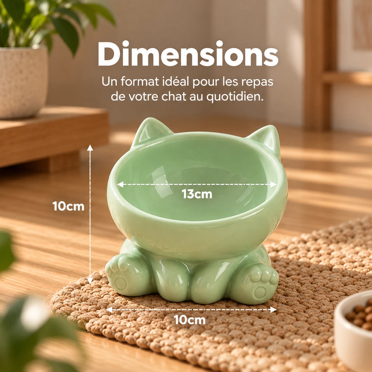 Dimensions de la gamelle : 13 cm de diamètre, 10 cm de hauteur et 10 cm de base